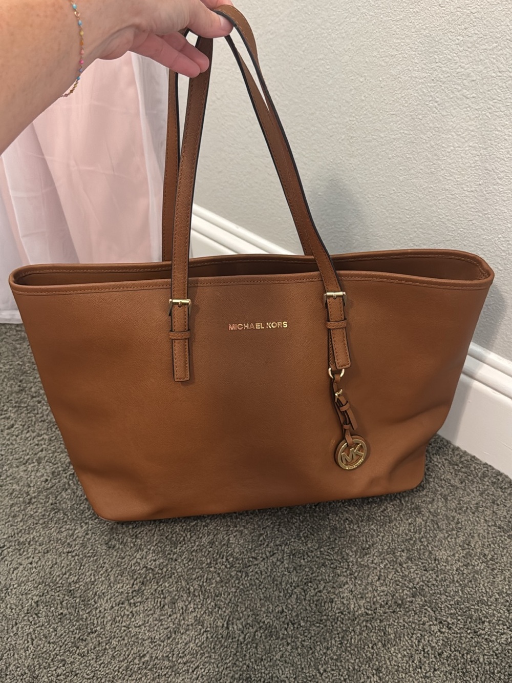 Michael Kors Brown Leather Tote with Gold Tone Logo Charm